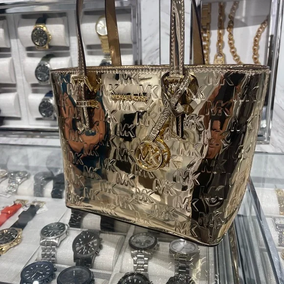 MICHAEL KORS Jet Set Extra-Small Metallic Logo Debossed Convertible TZ Tote Cros - Picture 5 of 16